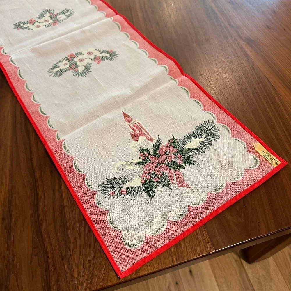Scandinavian Xmas Table Runner Holiday Candle Floral Print Fabric Made In Brazil
